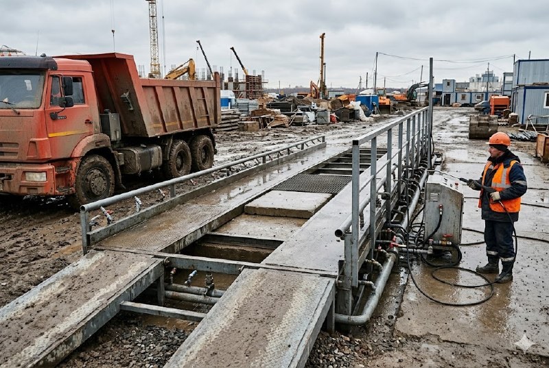 Принцип работы мойки колёс — автомобиль проходит через пункт очистки Тайфун Металл-24
